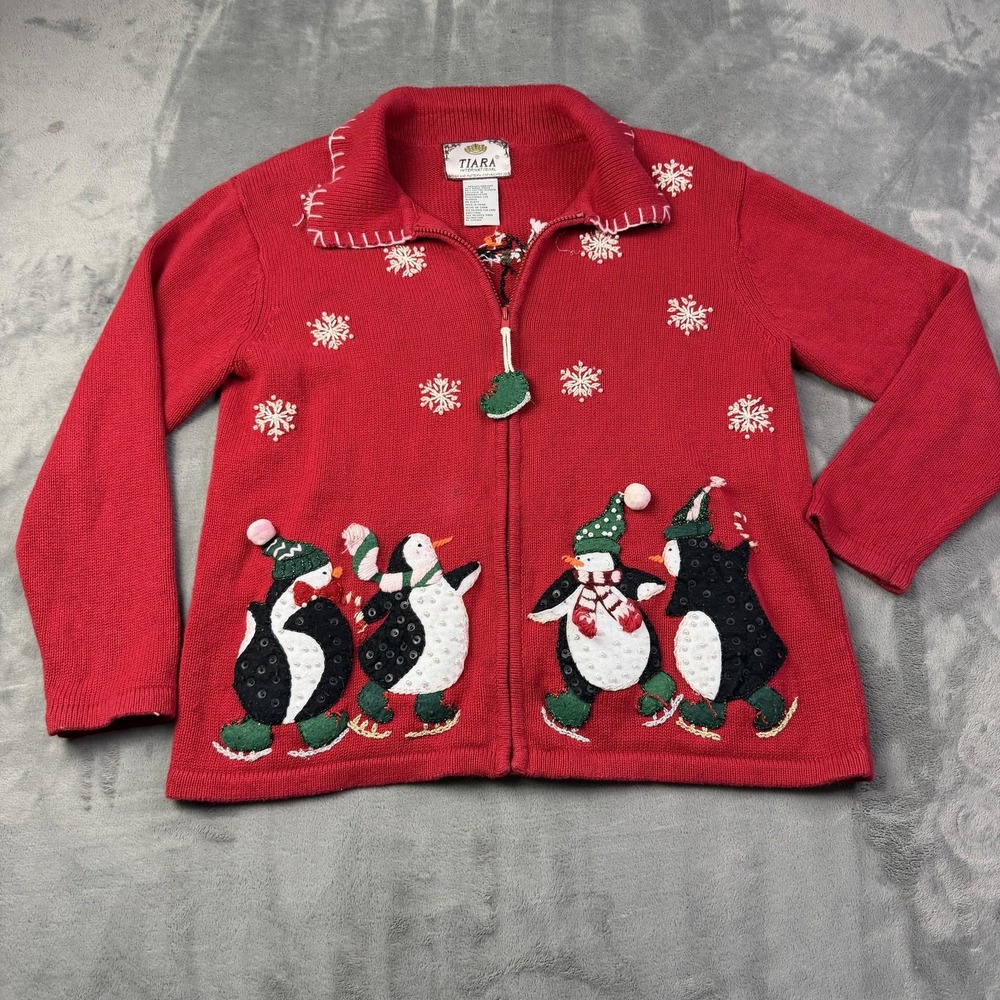 Vintage Tiara International Sweater Womens Medium Red Zip Christmas Retro Unique